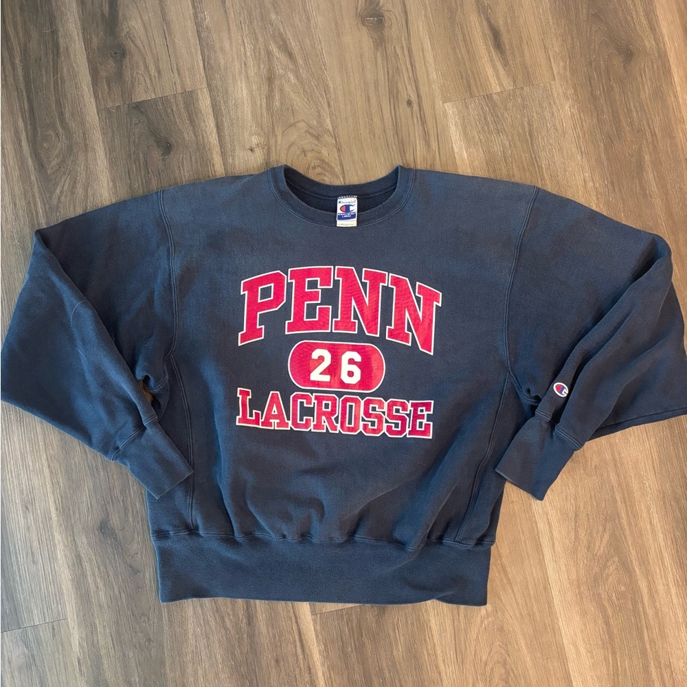 Champion Navy PENN Lacrosse Crewneck Sweatshirt with Red Logo